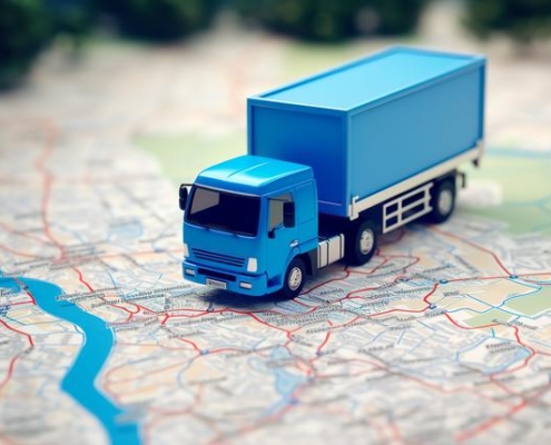 GPS-Ortung aus der Draufsicht auf einen fahrenden LKW mit Container auf einer Karte, Symbol für Umzug, Umzugsunternehmen