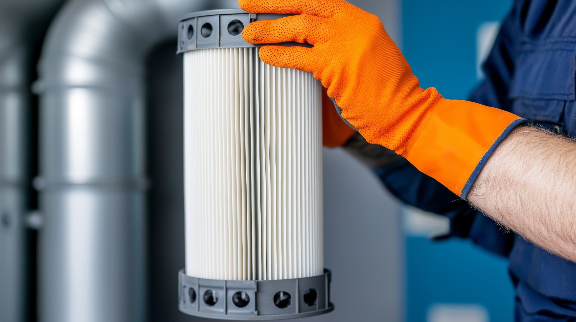 Hand hält ausgebauten Schlauchfilter
