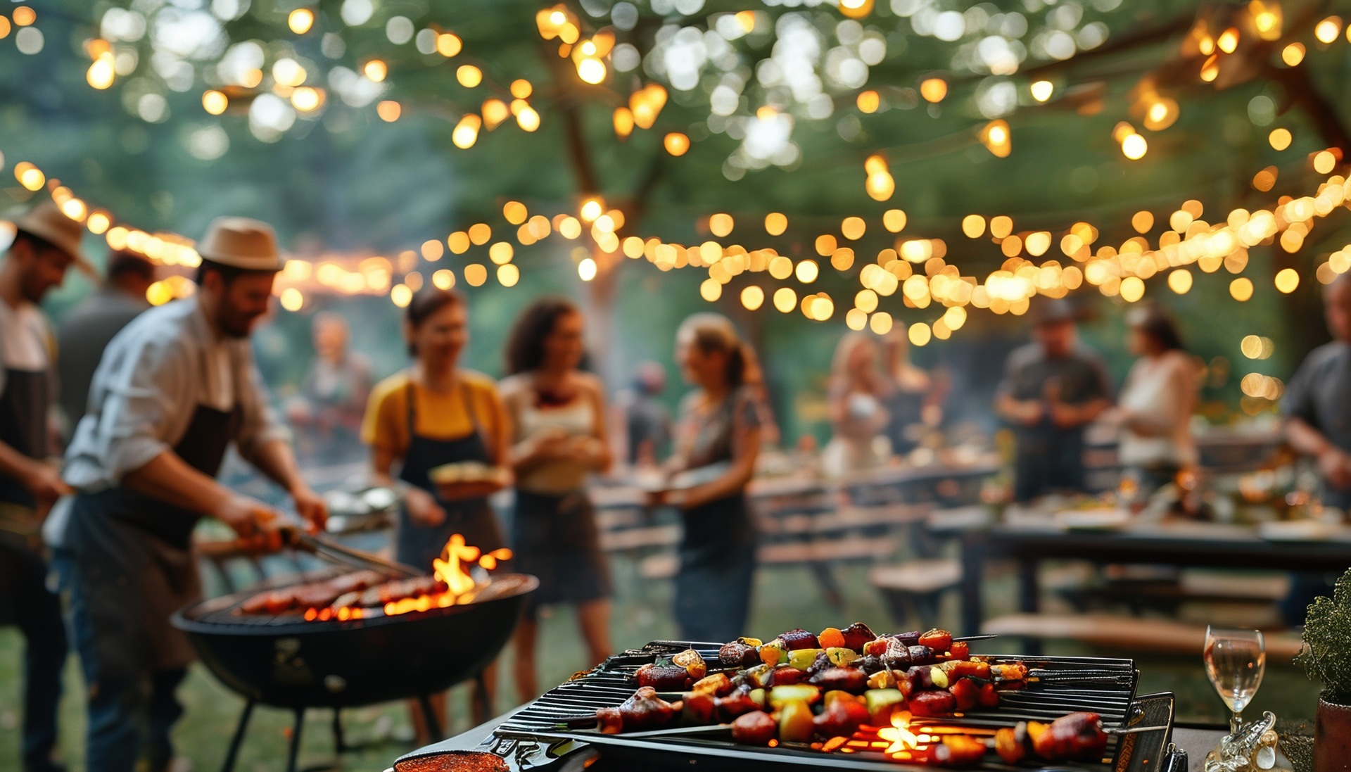 Teamgrillen im Garten bei Lichterketten | Pizzaofen