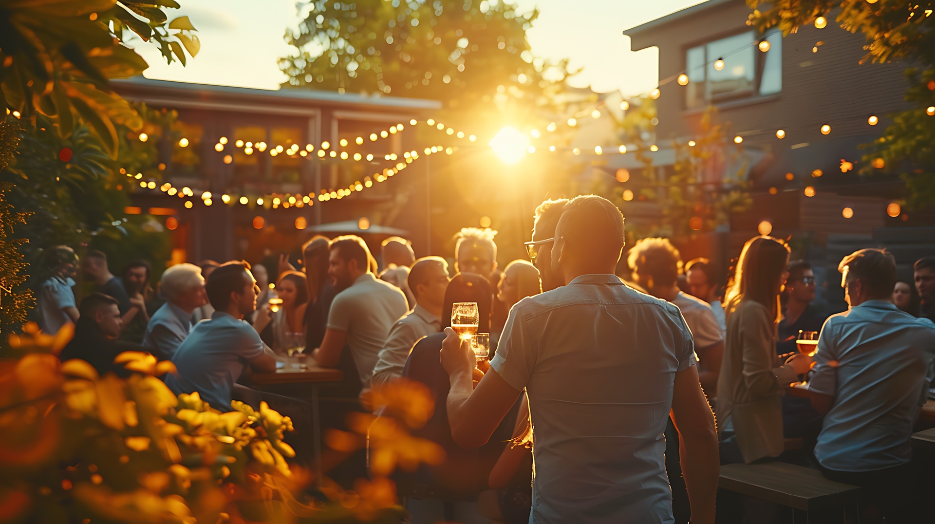 Firmenfeier im Hof bei Sonnenuntergang | Pizzaofen