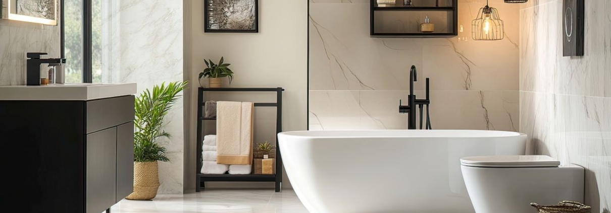 Modernes Badezimmer mit eleganter Duschrueckwand und freistehender Badewanne in heller Marmoroptik