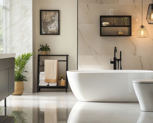 Modernes Badezimmer mit eleganter Duschrueckwand und freistehender Badewanne in heller Marmoroptik