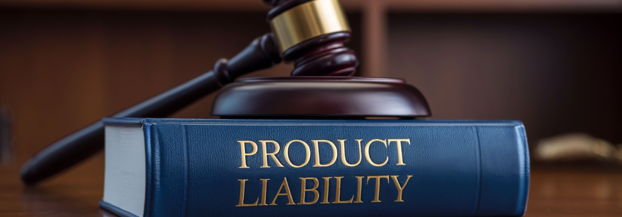 Richterhammer und Gesetzbuch mit der Aufschrift ‚Product Liability‘ auf einem Schreibtisch