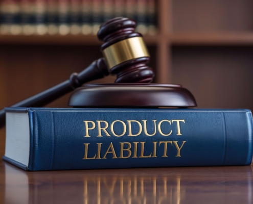 Richterhammer und Gesetzbuch mit der Aufschrift ‚Product Liability‘ auf einem Schreibtisch