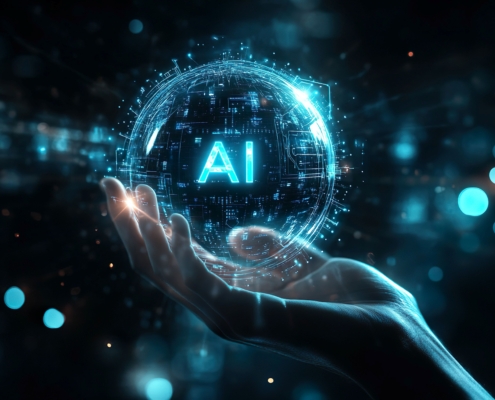 Visualisierung der KI Entwicklung in einer digitalen Sphäre über einer Hand