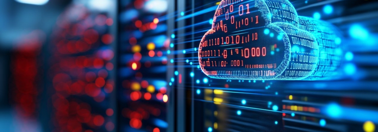 Digitale Cloud mit Datenströmen vor einem beleuchteten Serverrack – visuelle Darstellung für die Rolle von Multimode in modernen Netzwerken