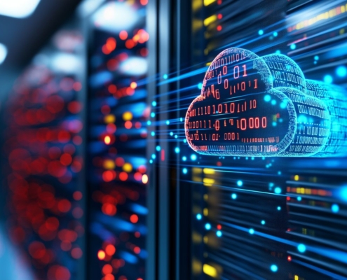 Digitale Cloud mit Datenströmen vor einem beleuchteten Serverrack – visuelle Darstellung für die Rolle von Multimode in modernen Netzwerken