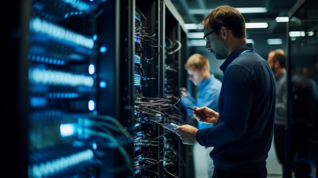 Techniker arbeitet an komplexer Netzwerkverkabelung in einem Rechenzentrum – Darstellung von physischer Infrastruktur mit Multimode-Verbindungen