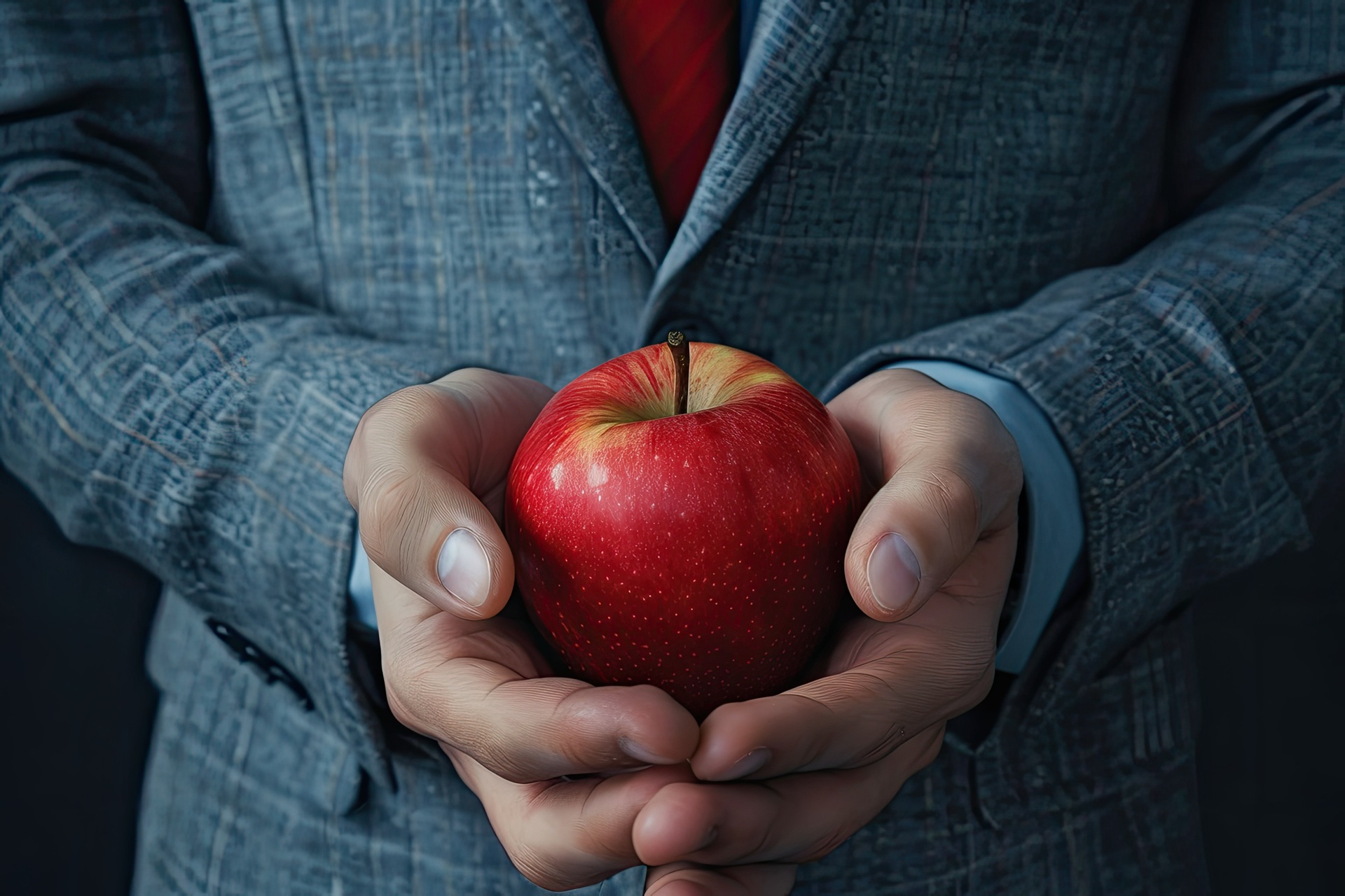 Geschäftsmann hält roten Apfel | Sprossen kaufen  