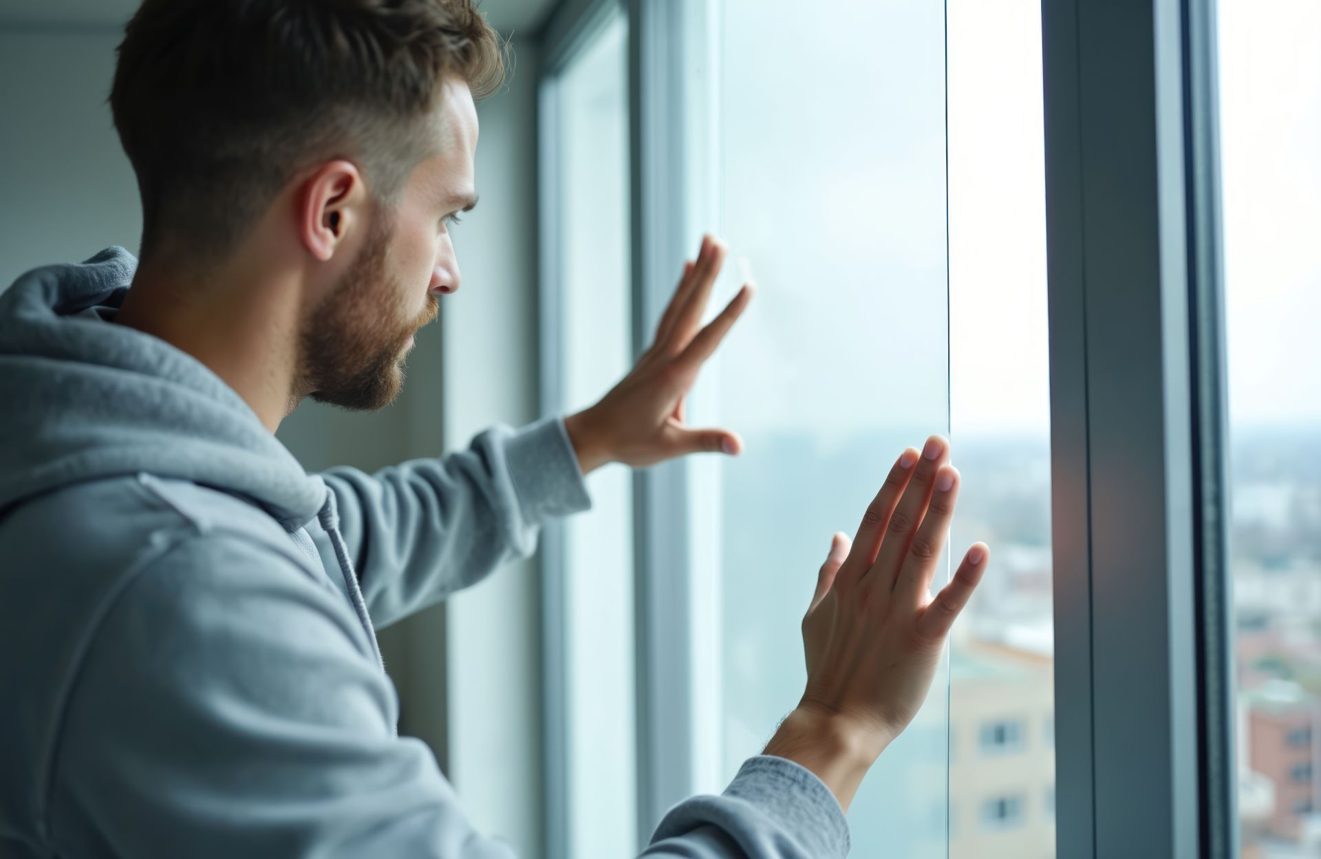 Mann bringt Fensterfolie sorgfältig an