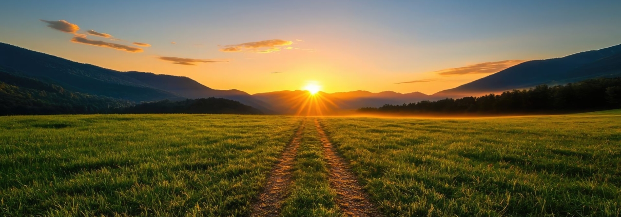 Sonnenaufgang über grünes Feld mit Fahrspuren, Symbolbild für Landwirtschaft und Technik wie hydraulischer Oberlenker