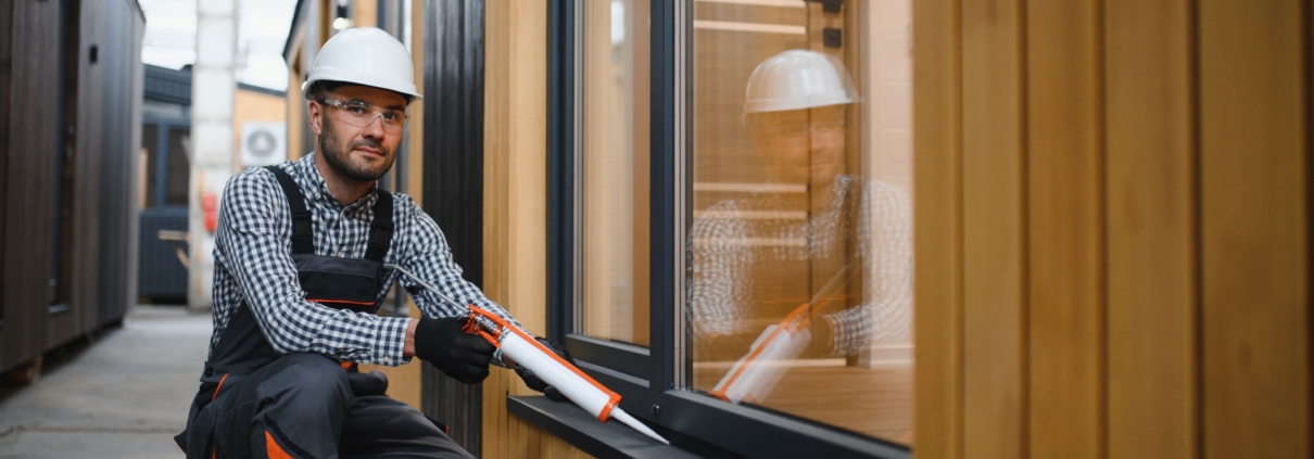 Arbeiter montiert Fenster an modularer Hallenbüro Konstruktion in Industriehalle