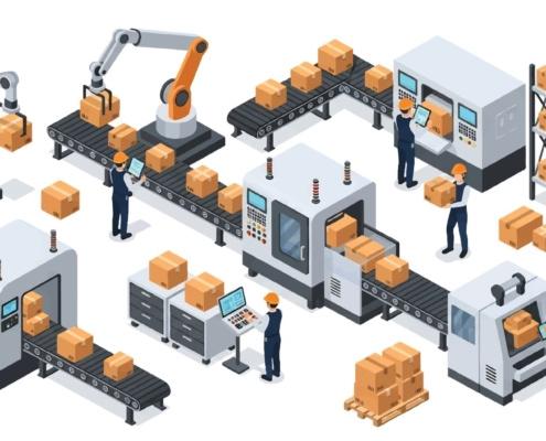 Illustration einer automatisierten Fertigungsstrasse mit Robotern und Mitarbeitenden als Beispiel fuer digitale Prozesse mit produktionsplanung software