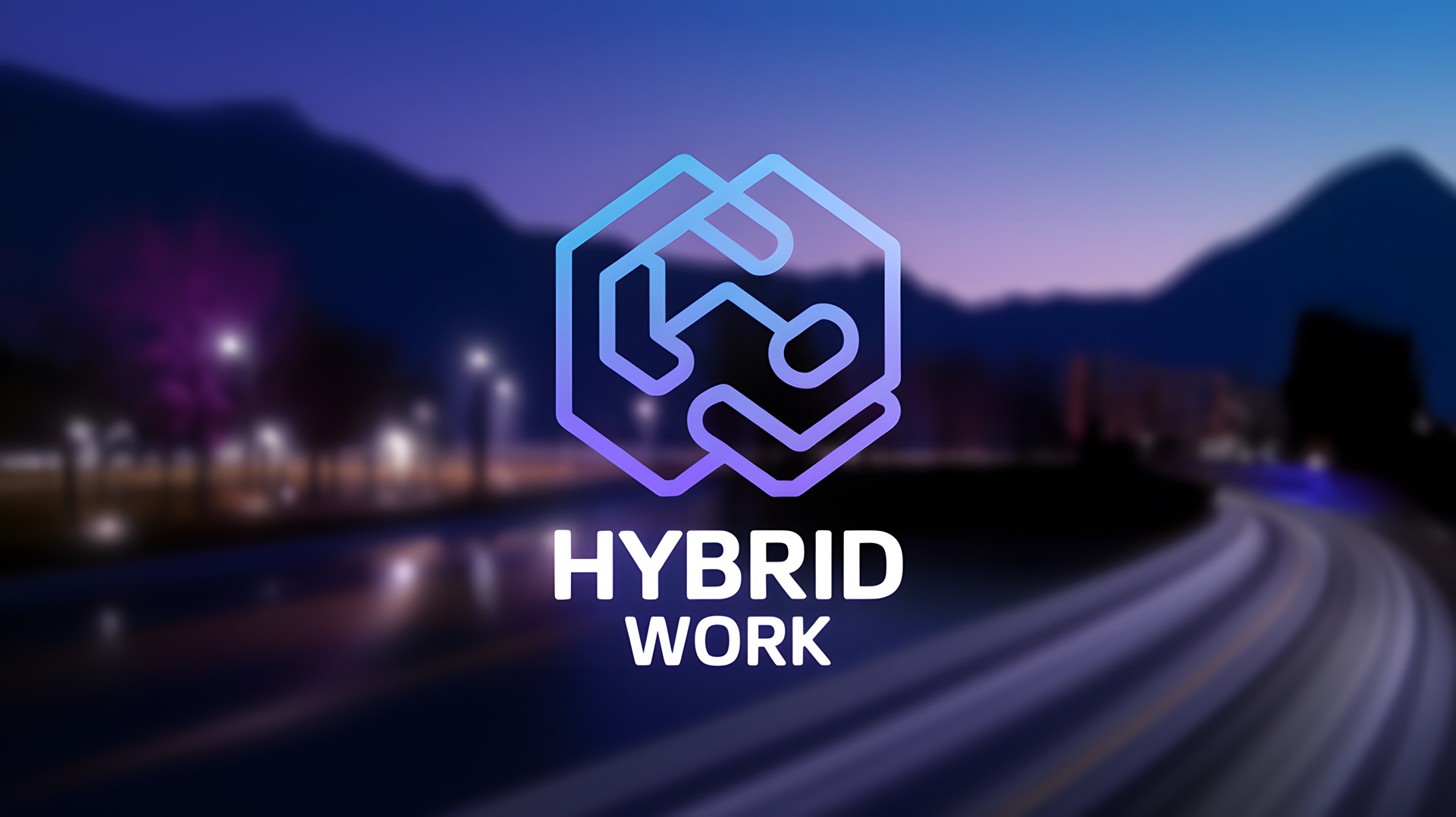Hybrid-Work-Logo vor unscharfem Hintergrund | Schreibtischgestell höhenverstellbar elektrisch